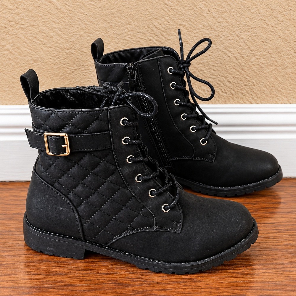 Black Combat Boots Womens 6 Ankle Lace Up Gold Buckle Moto Lug Sole